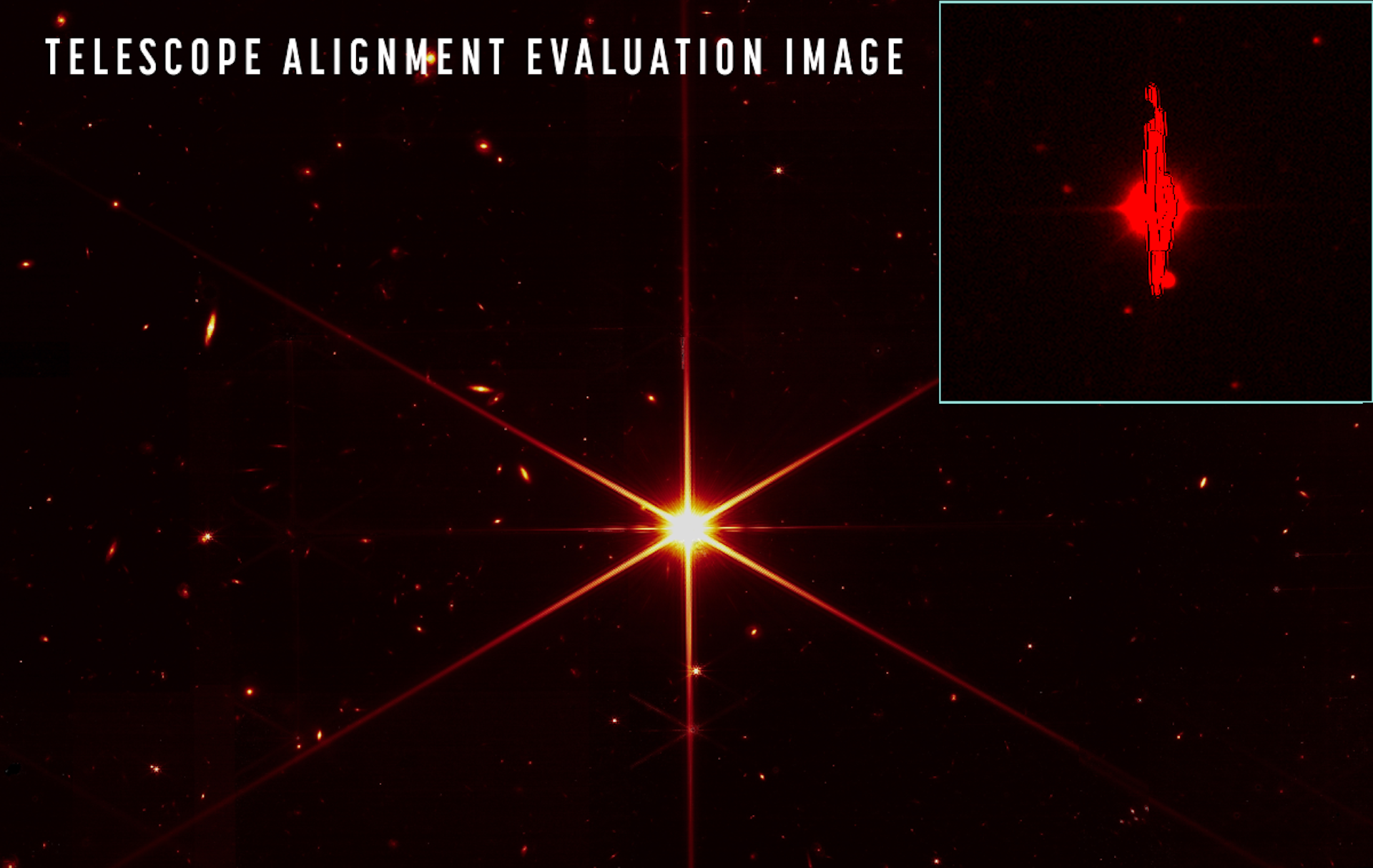 A bright six-pointed orange star with text above it stating it's a telescope alignment evaluation image. Inset in the top right corner shows a red blob with two points