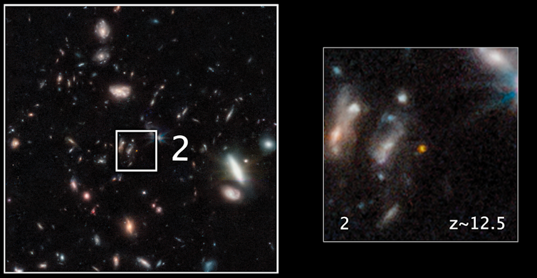 Side by side images of a black background with many small galaxies of various shapes glowing faintly