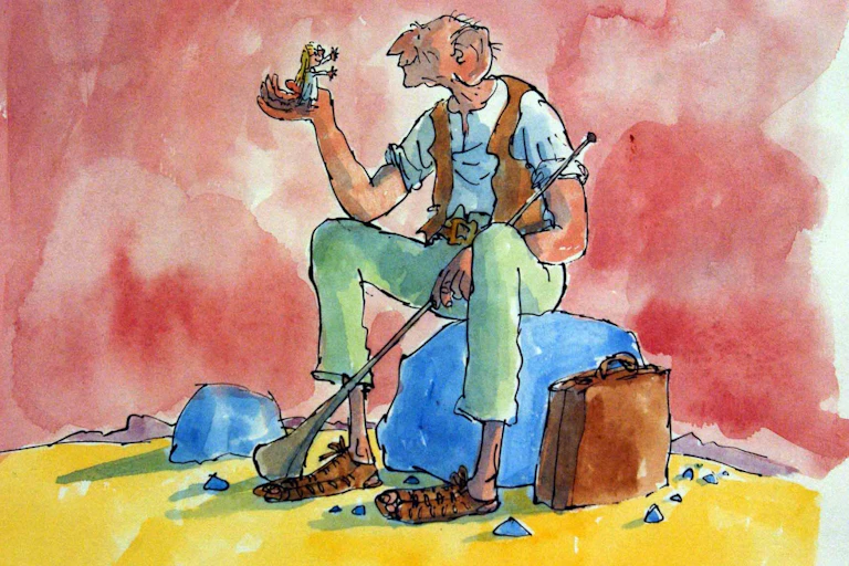 An ilustration of a giant man with huge ears peering at a little girl in the palm of his hand.