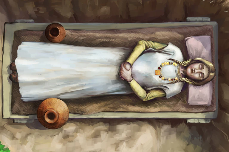 An illustration shows a blonde woman in repose in her burial, lying on a wooden bed and wearing a gold necklace.