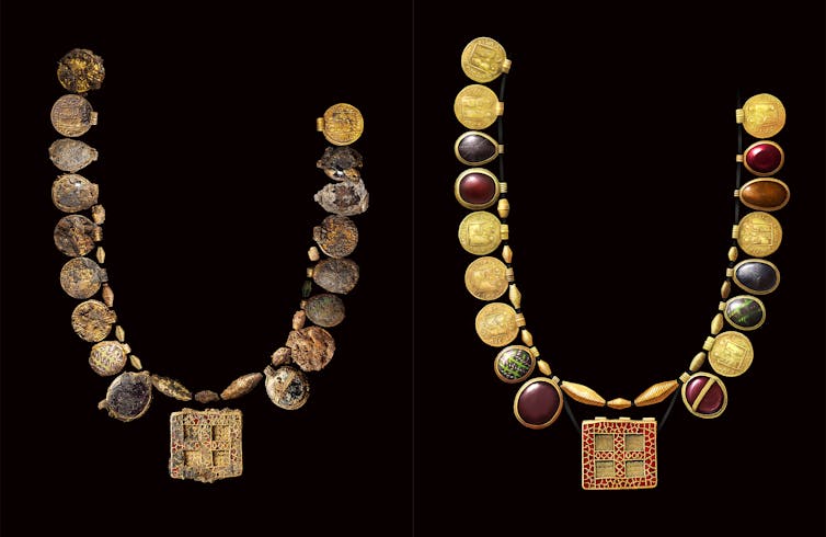 Necklace with gold pendant-filled chains and square main pendants
