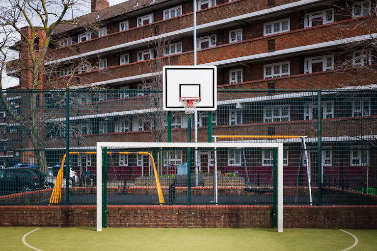 A basketball court in front of a