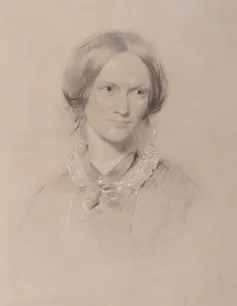 A chalk drawing of Emily Brontë, her hair pulled back and a ribbon round her neck.