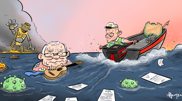 Cartoon of Scott Morrison shipwrecked and holding onto his ukelele, surrounded by ministerial appointments, COVID viruses and fire, as Australia and the new PM speed away.