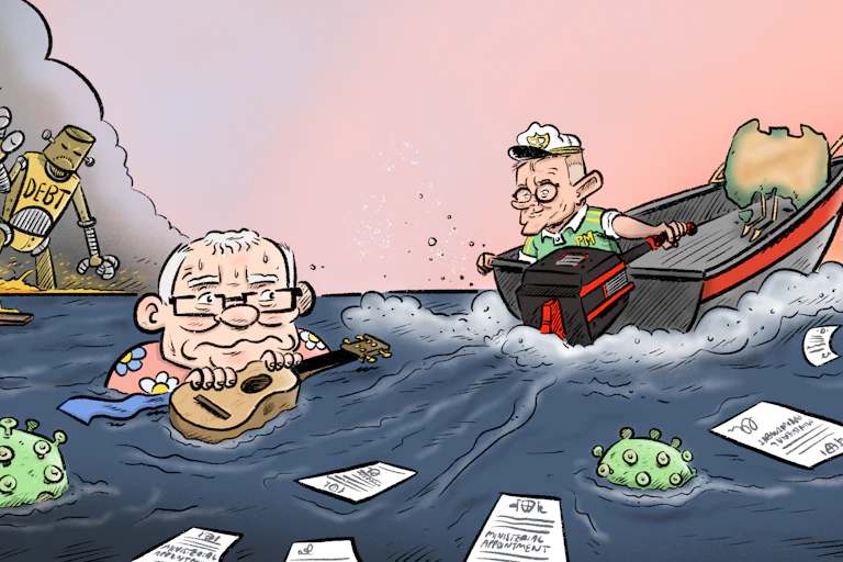 Cartoon of Scott Morrison shipwrecked and holding onto his ukelele, surrounded by ministerial appointments, COVID viruses and fire, as Australia and the new PM speed away.