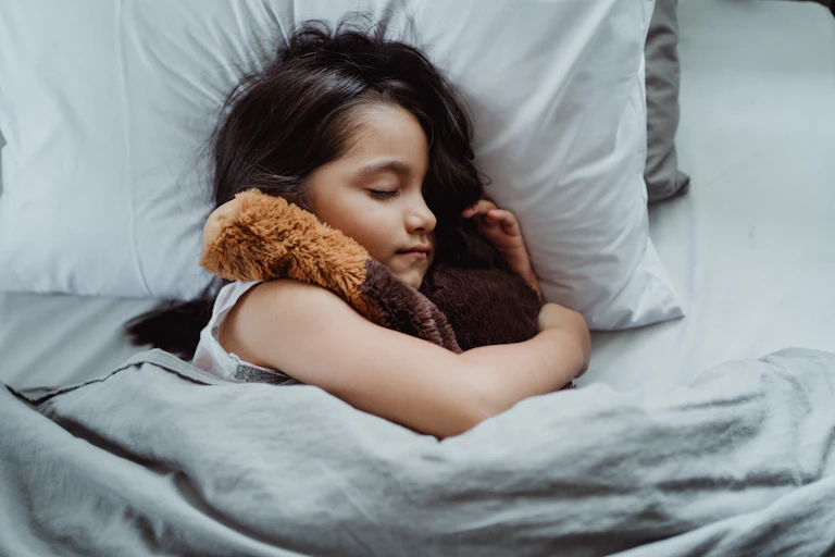 Sleeping child holds a soft toy