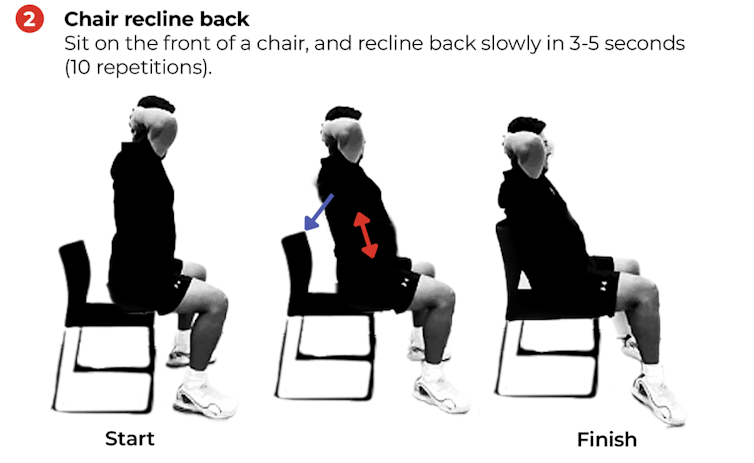 Chair recline back: Sit on the front of a chair, and recline back slowly in 3-5 seconds (10 repetitions).