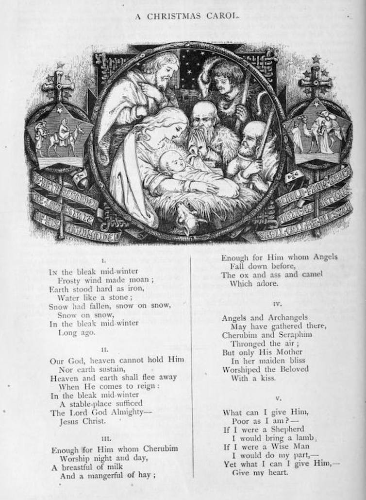 A black and white page of a magazine shows a poem below an illustration of the Nativity.
