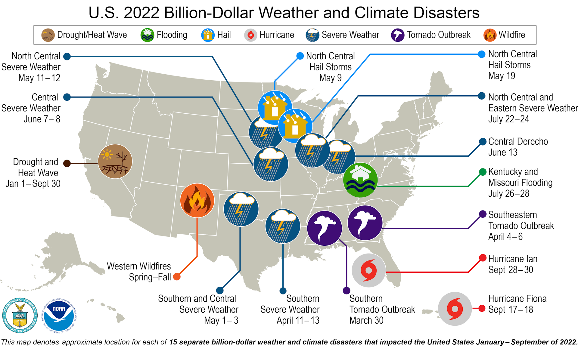 Map showing 2022's major storms, droughts and hurricanes in various locations around the US