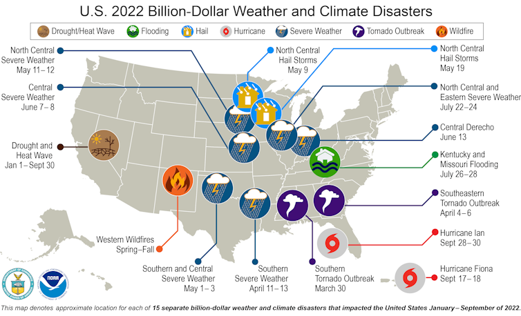 Map showing 2022's major storms, droughts and hurricanes in various locations around the US