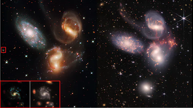 Images côte à côte de quatre grands cercles lumineux avec des milliers d’étoiles à l’arrière-plan et à l’intérieur ; le côté gauche a plus de luminosité et de netteté