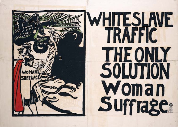 An illustrated poster depicting women's suffrage as an armoured knight, defending an innocent woman against a dragon labeled 'white slave traffic'