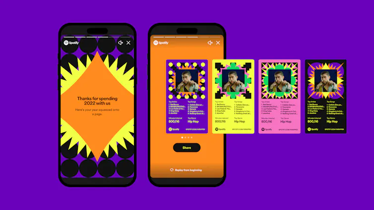 Colourful in app screens show sharing 'cards' where users can post their top artists to their social media profiles.
