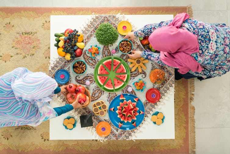 A photograph from above of two women in headscarves arranging colorful fruit on a blanket.