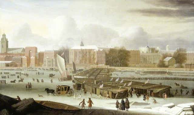 An oil painting depicting the frost fair. 