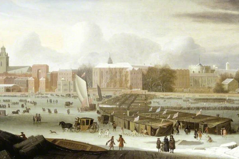 An oil painting depicting the frost fair.