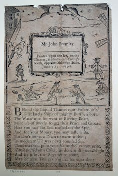 The printed name 'Mr John Bromley' is surrounded by illustrations of men skating on the ice – one has slipped over.