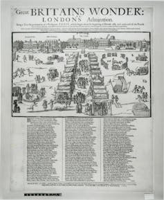 Newspaper front page shows onumerous stalls and people on the frozen Thames.