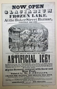 A vignette of figures skating, mountains and trees to the right, and a house with balcony to see the skaters on the left.