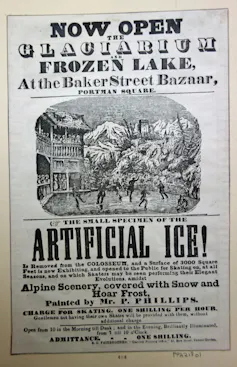 A vignette of figures skating, mountains and trees to the right, and a house with balcony to see the skaters on the left.