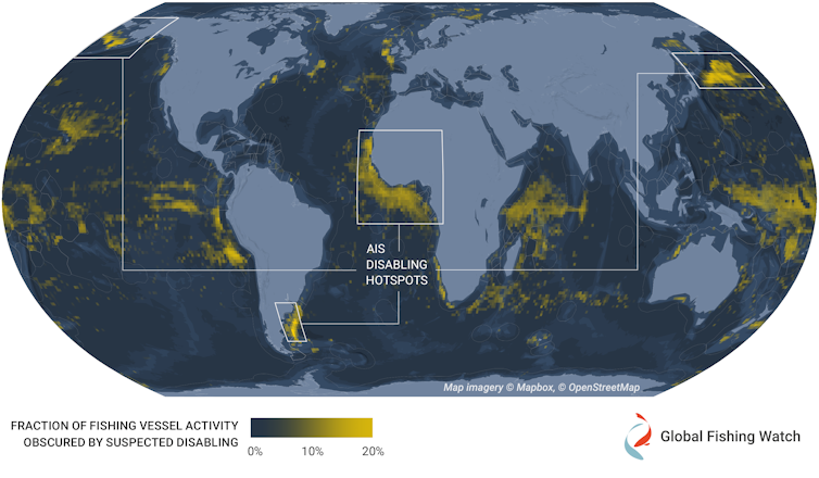 World map showing zones where large shares of boats disable their transponders