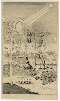 Print of man chopping down tree with people hanging from the branches.