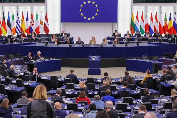 A wide shot of a session of the European parliament.