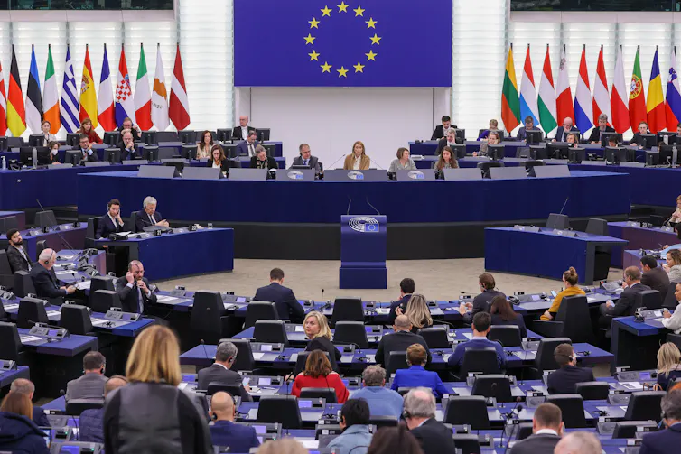 A wide shot of a session of the European parliament.