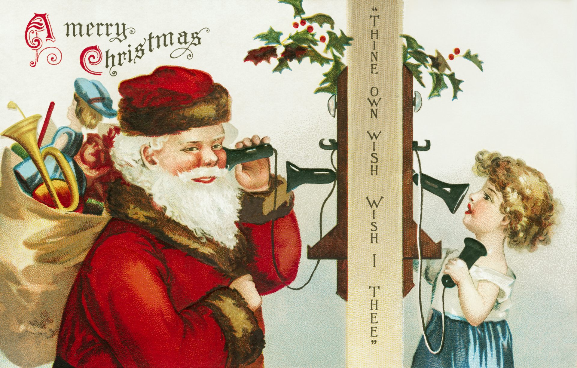 A vintage card shows a painted Santa speaking to a little girl over the phone
