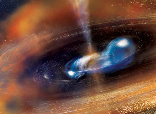 Two blue neutron stars merging surrounded by a disc of material with a jet coming out of the center.