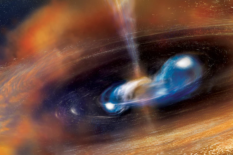Two blue neutron stars merging surrounded by a disc of material with a jet coming out of the center.