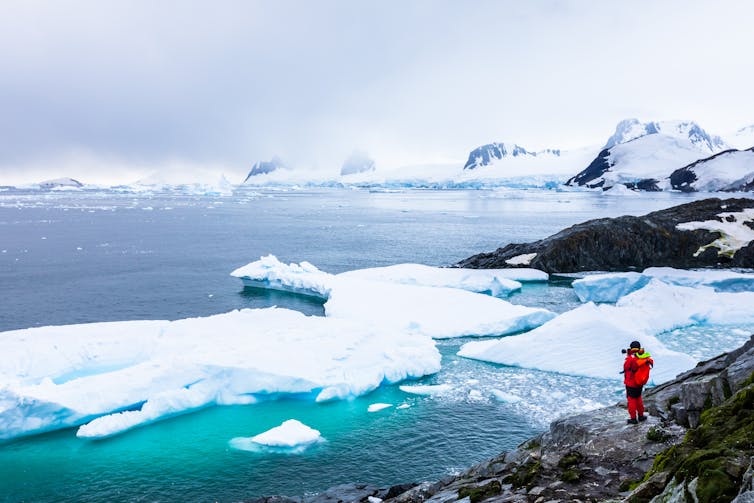 person photographs coastal scene in Antarctica