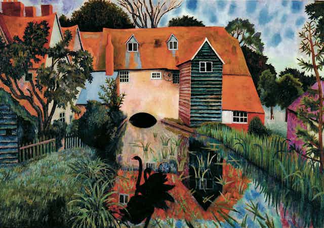 A paiting of a mill house over a river with trees, flowers and a black swan in the foreground.