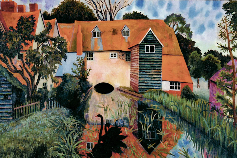 A paiting of a mill house over a river with trees, flowers and a black swan in the foreground.