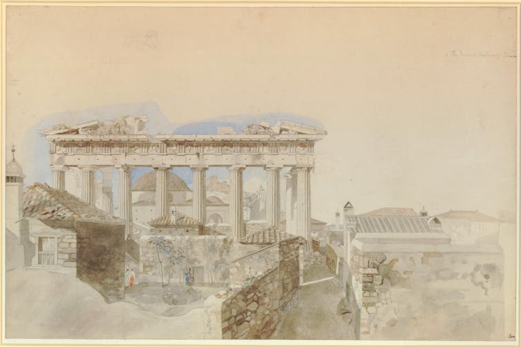 Dibujo de las ruinas del Partenón en 1765.