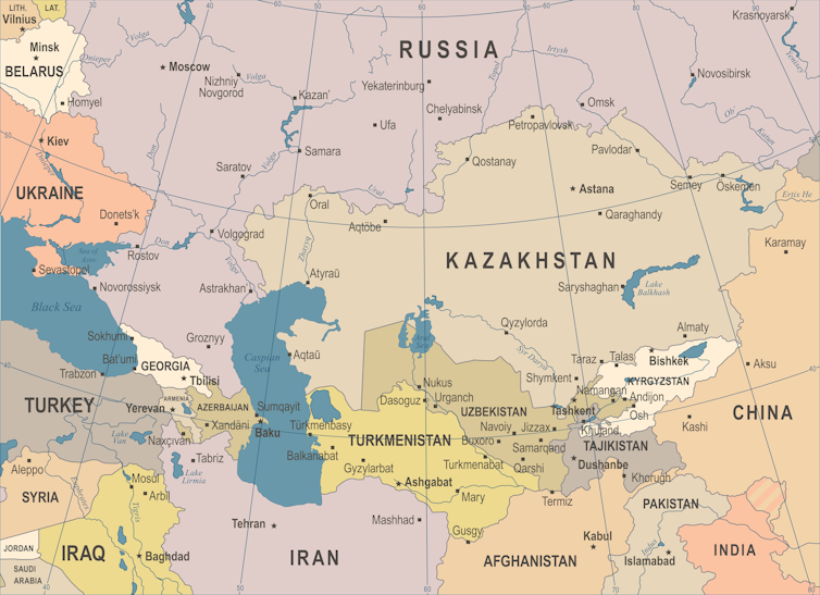 Map of Caucasus and Central Asia showing Russia, Ukraine, Belarus and Kazakhstan