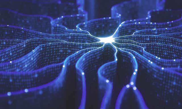 A 3D image of interlinked sheets of binary code resembling the shape of a glowing neuron