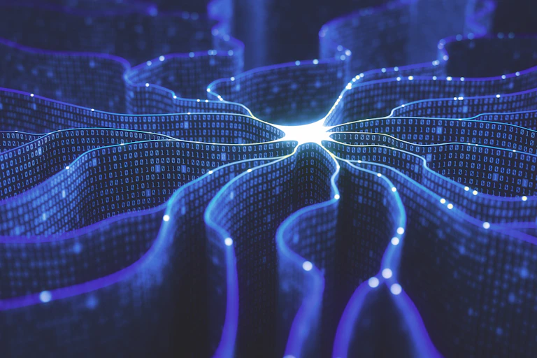 A 3D image of interlinked sheets of binary code resembling the shape of a glowing neuron