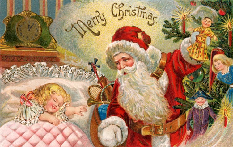 représentation illustrée d’un père noël penché sur le lit d’une fillette endormie