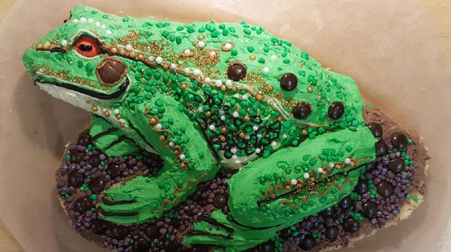A cake in the shape of a frog