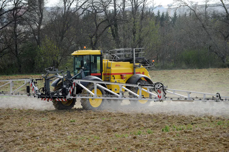 Un engin agricole asperge un champ avec des pesticides