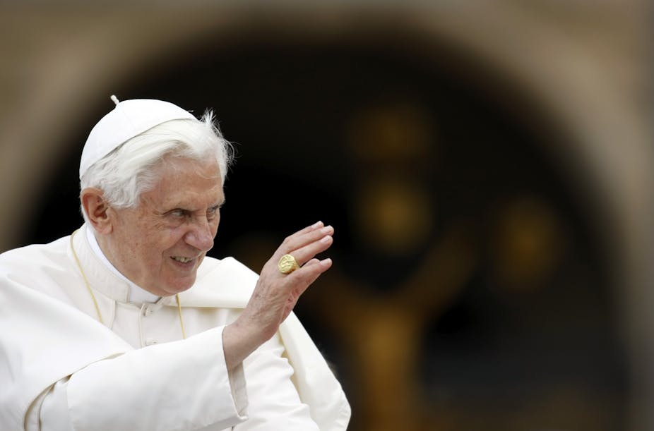 Pope Benedict XVI wearing white priestly robe.