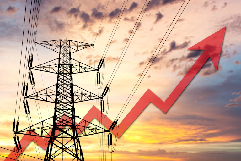 Electricity pylon with red arrow pointing upwards to illustrate rising energy prices.
