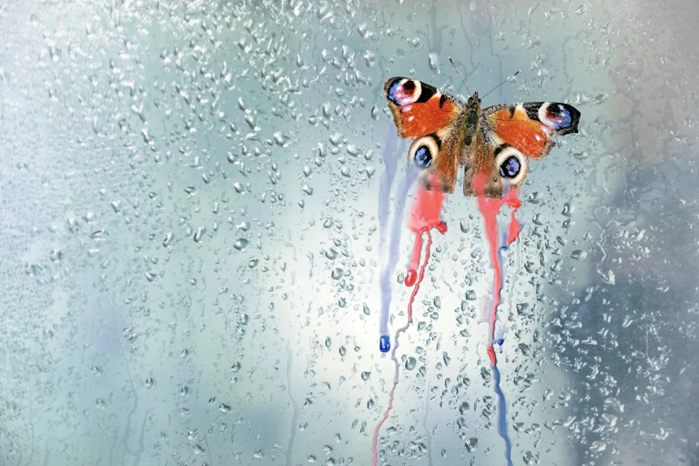 Mariposa en una ventana mojada perdiendo el color de sus alas.