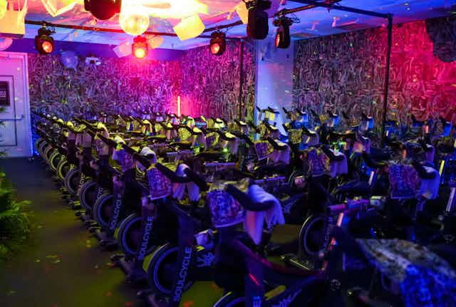 A roomful of close-spaced bikes, with purple, pink and blue lights on the walls.