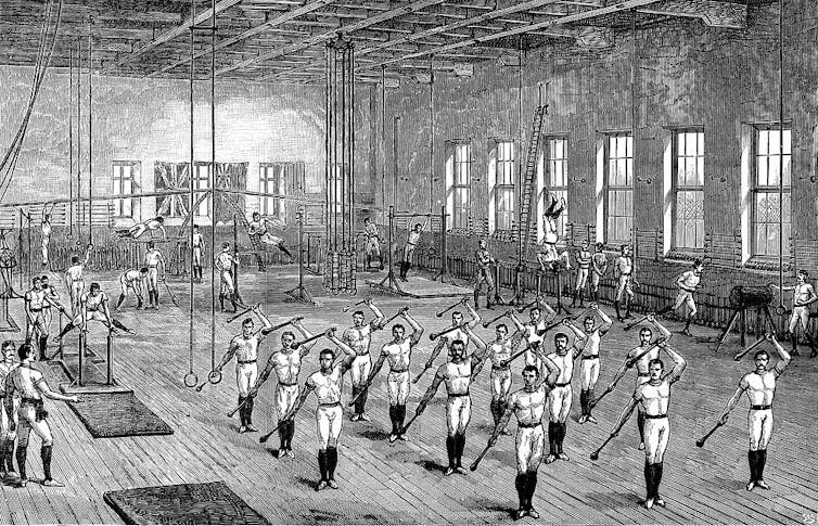 A black and white drawing of men in uniform exercising in rows in a large room.