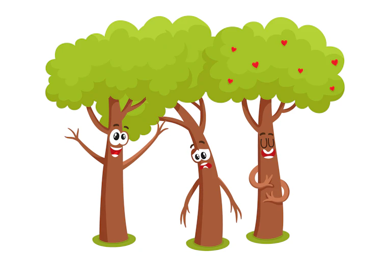 Illustration de trois arbres au visage humain.