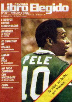 Pelé wears his New York Cosmos number 10 shirt on the cover of a football magazine