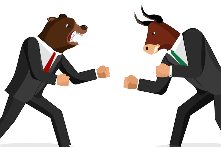 Bull and bear fighting one another