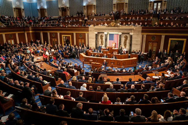 Members of Congress seen from the back of the chamber, with an American flag hanging up front.